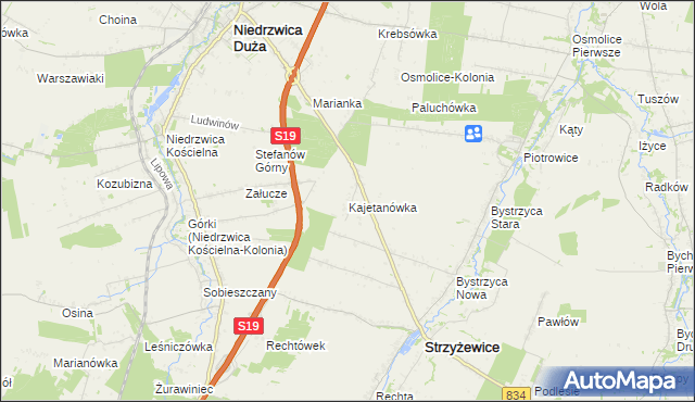 mapa Kajetanówka gmina Strzyżewice, Kajetanówka gmina Strzyżewice na mapie Targeo