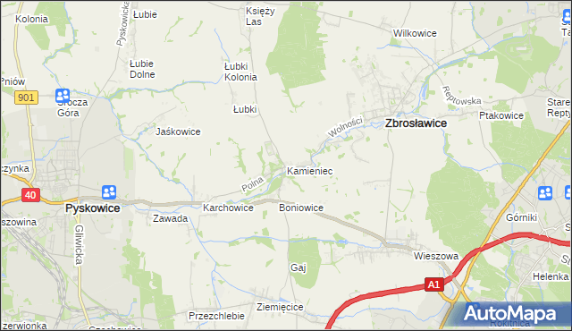 mapa Kamieniec gmina Zbrosławice, Kamieniec gmina Zbrosławice na mapie Targeo