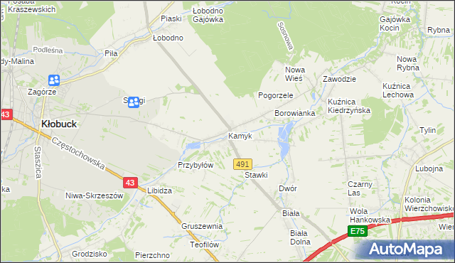 mapa Kamyk gmina Kłobuck, Kamyk gmina Kłobuck na mapie Targeo