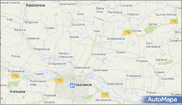 mapa Klimontów gmina Proszowice, Klimontów gmina Proszowice na mapie Targeo