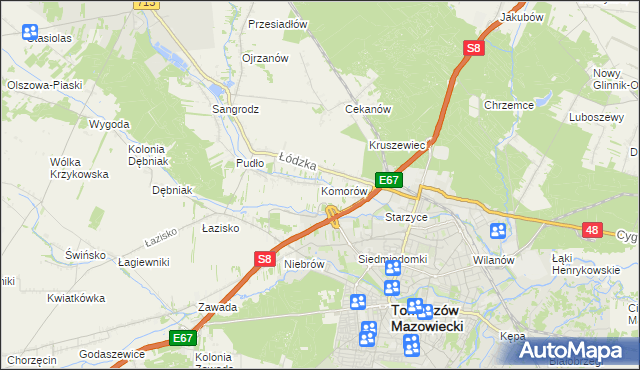 mapa Komorów gmina Tomaszów Mazowiecki, Komorów gmina Tomaszów Mazowiecki na mapie Targeo