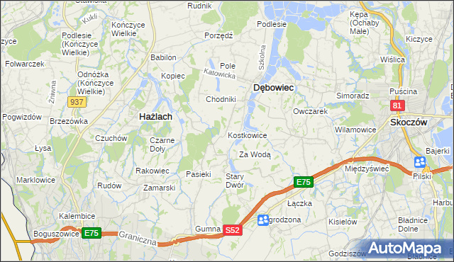 mapa Kostkowice gmina Dębowiec, Kostkowice gmina Dębowiec na mapie Targeo