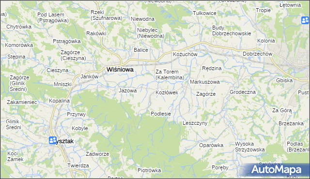 mapa Kozłówek gmina Wiśniowa, Kozłówek gmina Wiśniowa na mapie Targeo