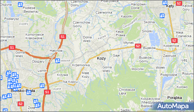 mapa Kozy powiat bielski, Kozy powiat bielski na mapie Targeo