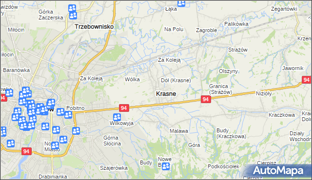 mapa Krasne powiat rzeszowski, Krasne powiat rzeszowski na mapie Targeo