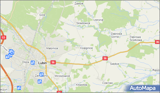 mapa Księginice gmina Lubin, Księginice gmina Lubin na mapie Targeo
