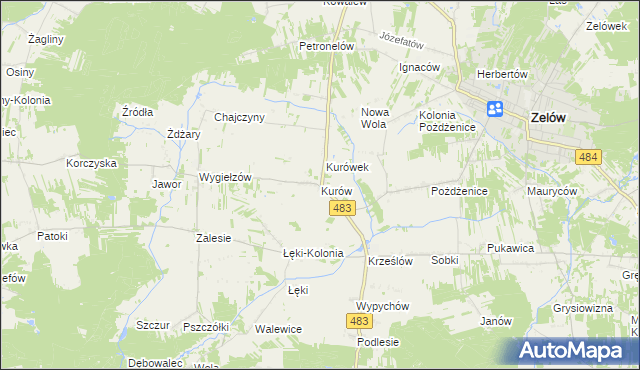 mapa Kurów gmina Zelów, Kurów gmina Zelów na mapie Targeo