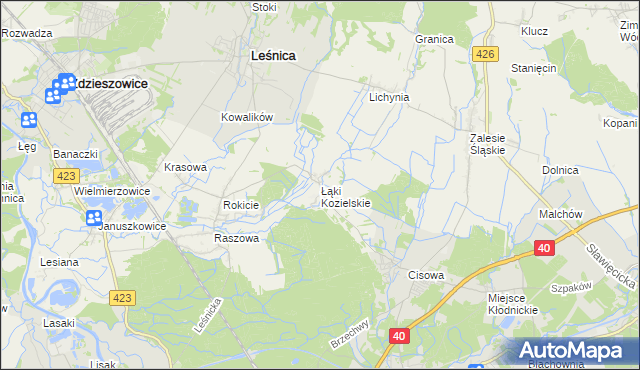 mapa Łąki Kozielskie, Łąki Kozielskie na mapie Targeo