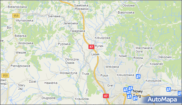 mapa Lasek gmina Nowy Targ, Lasek gmina Nowy Targ na mapie Targeo