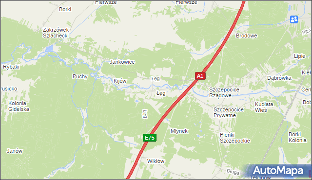 mapa Łęg gmina Kruszyna, Łęg gmina Kruszyna na mapie Targeo