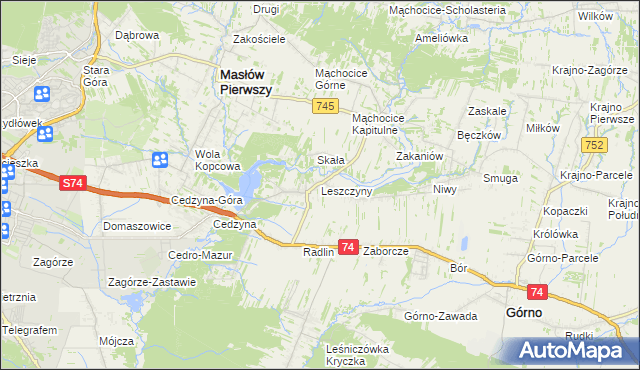 mapa Leszczyny gmina Górno, Leszczyny gmina Górno na mapie Targeo