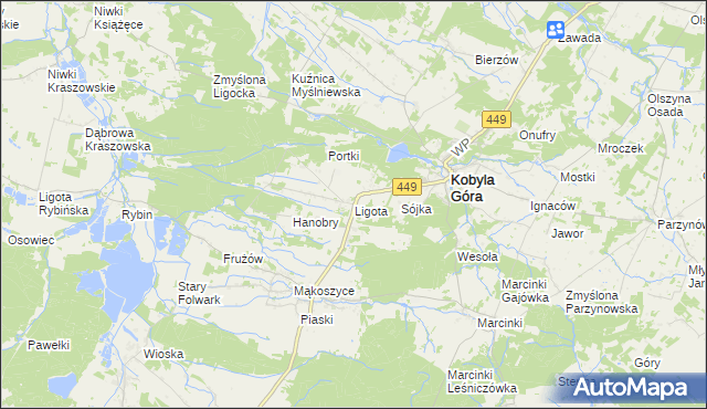 mapa Ligota gmina Kobyla Góra, Ligota gmina Kobyla Góra na mapie Targeo