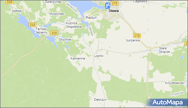 mapa Lipinki gmina Sława, Lipinki gmina Sława na mapie Targeo