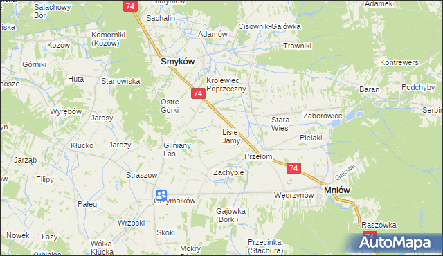 mapa Lisie Jamy gmina Mniów, Lisie Jamy gmina Mniów na mapie Targeo