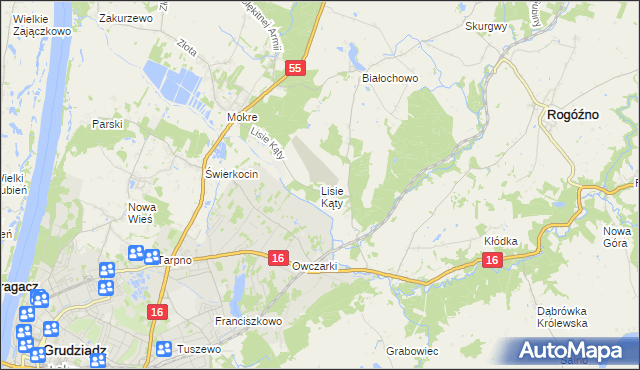 mapa Lisie Kąty gmina Grudziądz, Lisie Kąty gmina Grudziądz na mapie Targeo