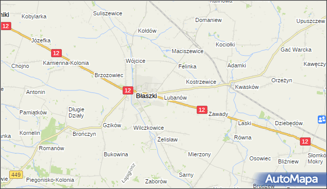 mapa Lubanów gmina Błaszki, Lubanów gmina Błaszki na mapie Targeo