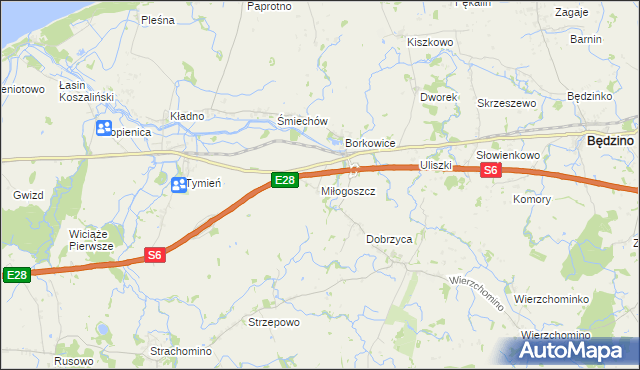 mapa Miłogoszcz gmina Będzino, Miłogoszcz gmina Będzino na mapie Targeo