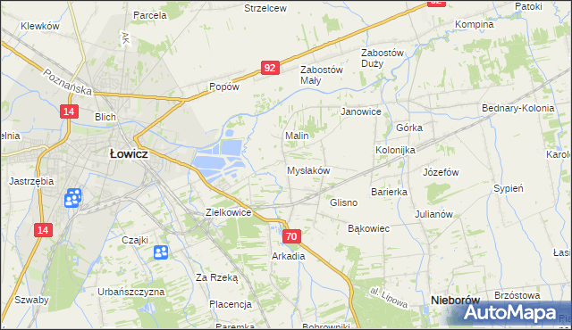 mapa Mysłaków gmina Nieborów, Mysłaków gmina Nieborów na mapie Targeo