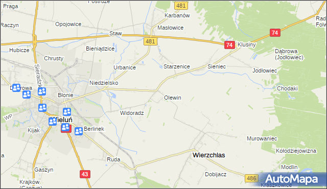 mapa Olewin gmina Wieluń, Olewin gmina Wieluń na mapie Targeo