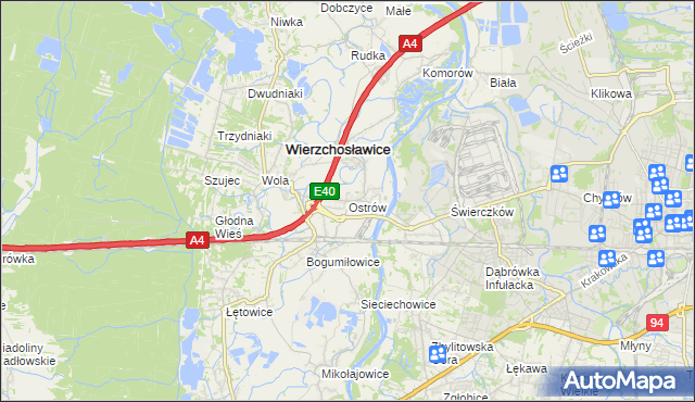 mapa Ostrów gmina Wierzchosławice, Ostrów gmina Wierzchosławice na mapie Targeo