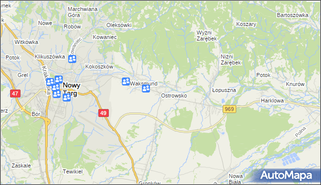 mapa Ostrowsko gmina Nowy Targ, Ostrowsko gmina Nowy Targ na mapie Targeo