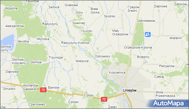 mapa Ostrowsko gmina Uniejów, Ostrowsko gmina Uniejów na mapie Targeo