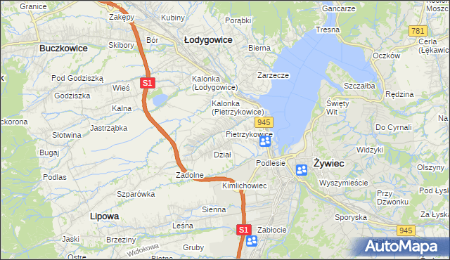 mapa Pietrzykowice gmina Łodygowice, Pietrzykowice gmina Łodygowice na mapie Targeo