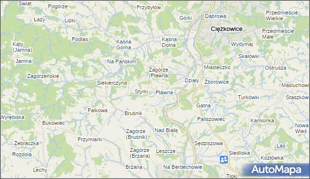 mapa Pławna gmina Ciężkowice, Pławna gmina Ciężkowice na mapie Targeo