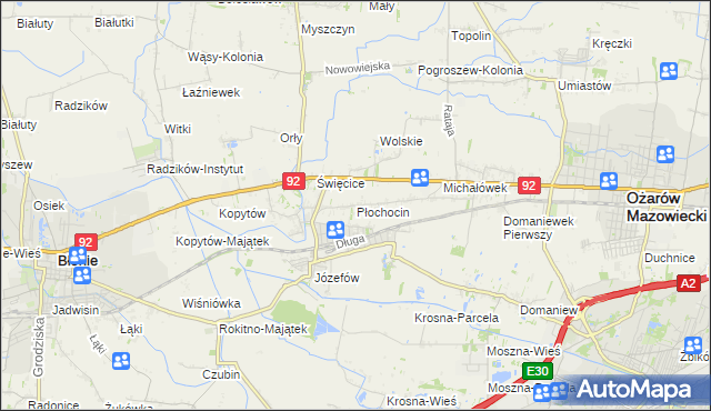 mapa Płochocin gmina Ożarów Mazowiecki, Płochocin gmina Ożarów Mazowiecki na mapie Targeo