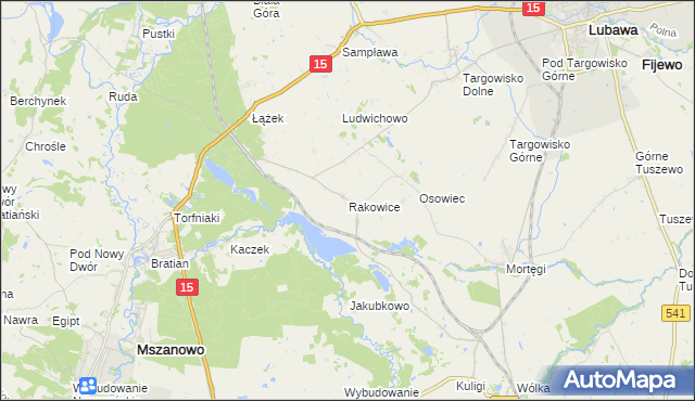 mapa Rakowice gmina Lubawa, Rakowice gmina Lubawa na mapie Targeo