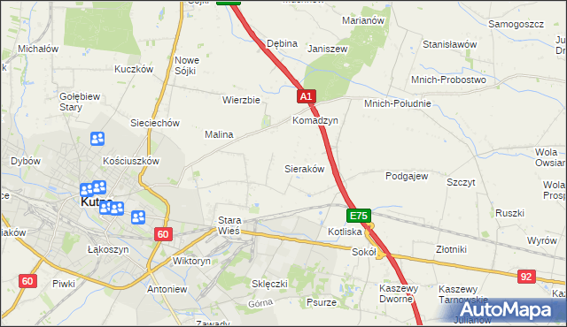 mapa Sieraków gmina Kutno, Sieraków gmina Kutno na mapie Targeo