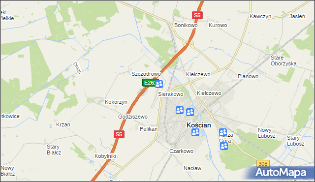 mapa Sierakowo gmina Kościan, Sierakowo gmina Kościan na mapie Targeo