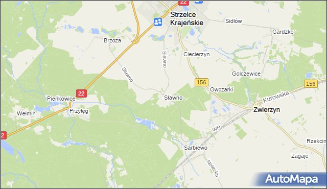 mapa Sławno gmina Strzelce Krajeńskie, Sławno gmina Strzelce Krajeńskie na mapie Targeo