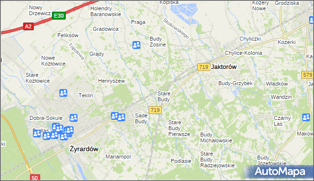 mapa Stare Budy gmina Jaktorów, Stare Budy gmina Jaktorów na mapie Targeo