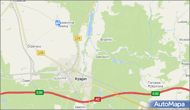 mapa Starościn gmina Rzepin, Starościn gmina Rzepin na mapie Targeo