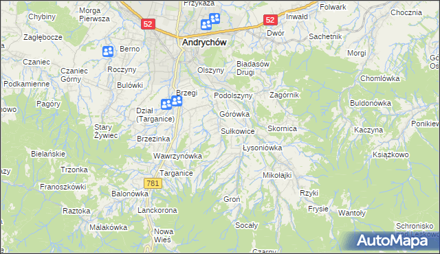 mapa Sułkowice gmina Andrychów, Sułkowice gmina Andrychów na mapie Targeo