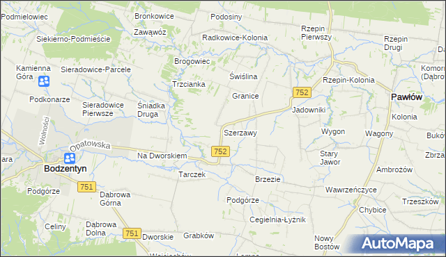 mapa Szerzawy gmina Pawłów, Szerzawy gmina Pawłów na mapie Targeo