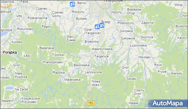 mapa Targanice, Targanice na mapie Targeo