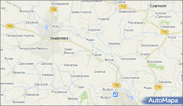 mapa Topola gmina Skalbmierz, Topola gmina Skalbmierz na mapie Targeo