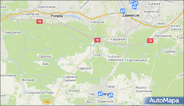 mapa Turza gmina Łazy, Turza gmina Łazy na mapie Targeo