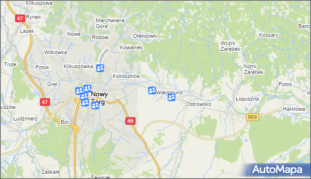 mapa Waksmund, Waksmund na mapie Targeo