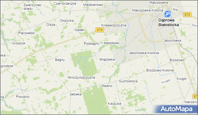 mapa Wiązówka gmina Dąbrowa Białostocka, Wiązówka gmina Dąbrowa Białostocka na mapie Targeo