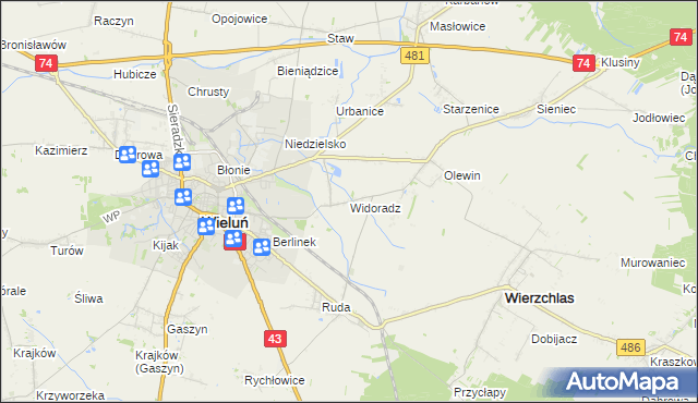 mapa Widoradz, Widoradz na mapie Targeo