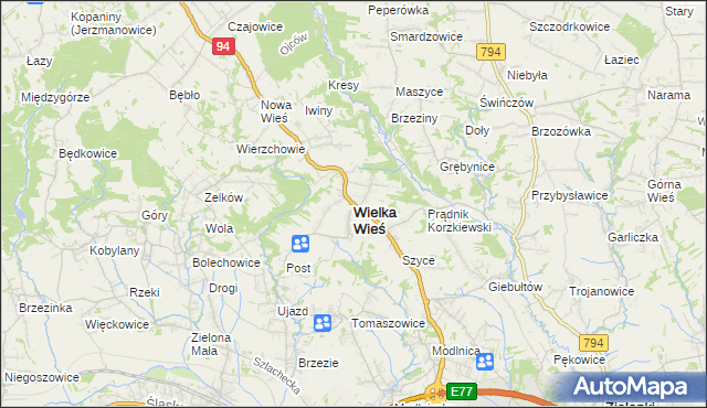 mapa Wielka Wieś powiat krakowski, Wielka Wieś powiat krakowski na mapie Targeo