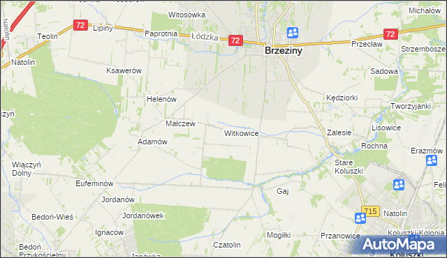 mapa Witkowice gmina Brzeziny, Witkowice gmina Brzeziny na mapie Targeo