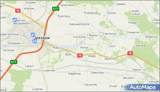 mapa Wolica gmina Jędrzejów, Wolica gmina Jędrzejów na mapie Targeo