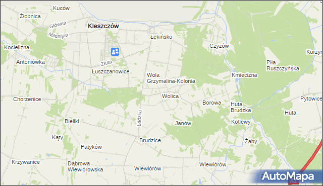 mapa Wolica gmina Kleszczów, Wolica gmina Kleszczów na mapie Targeo