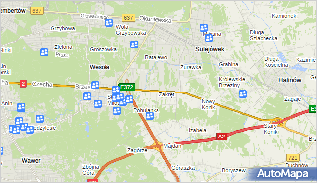 mapa Zakręt gmina Wiązowna, Zakręt gmina Wiązowna na mapie Targeo