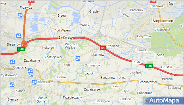 mapa Zakrzów gmina Niepołomice, Zakrzów gmina Niepołomice na mapie Targeo