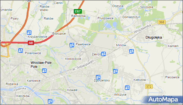 mapa Zakrzów gmina Wrocław, Zakrzów gmina Wrocław na mapie Targeo